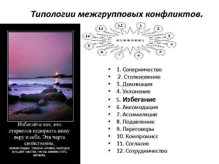 Типологии межгрупповых конфликтов. • • • 1. Соперничество 2. Столкновение 3. Доминация 4. Уклонение