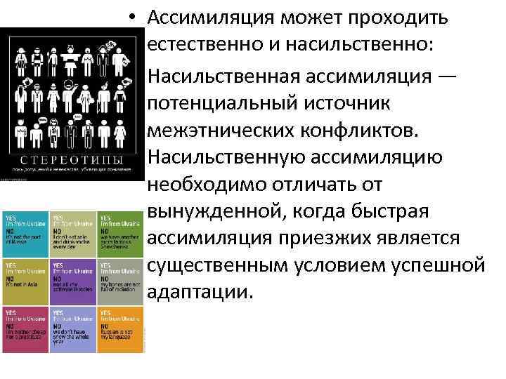  • Ассимиляция может проходить естественно и насильственно: • Насильственная ассимиляция — потенциальный источник