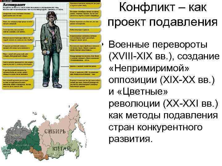 Конфликт – как проект подавления • Военные перевороты (XVIII-XIX вв. ), создание «Непримиримой» оппозиции