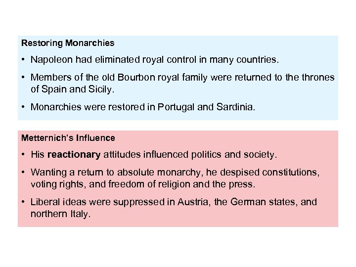 Restoring Monarchies • Napoleon had eliminated royal control in many countries. • Members of