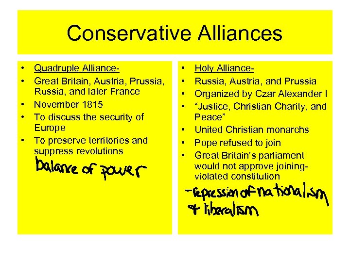 Conservative Alliances • Quadruple Alliance • Great Britain, Austria, Prussia, Russia, and later France