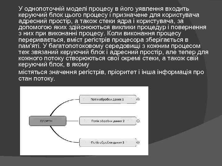 У однопоточній моделі процесу в його уявлення входить керуючий блок цього процесу і призначене