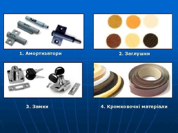 1. Амортизатори 3. Замки 2. Заглушки 4. Кромковочні матеріали 