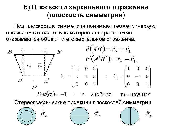 б) Плоскости зеркального отражения (плоскость симметрии) Под плоскостью симметрии понимают геометрическую плоскость относительно которой