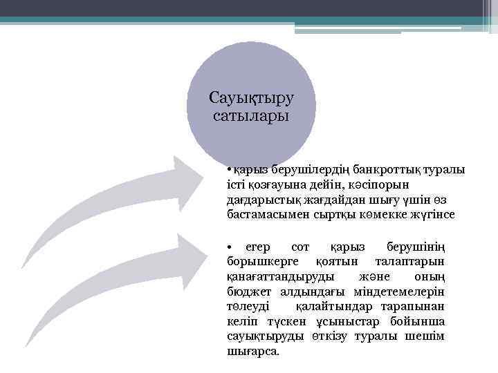 Сауықтыру сатылары • қарыз берушілердің банкроттық туралы істі қозғауына дейін, кәсіпорын дағдарыстық жағдайдан шығу