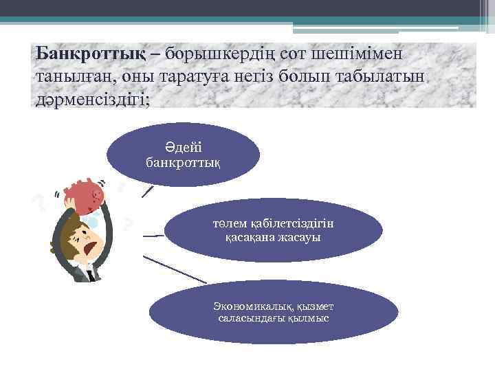Банкроттық – борышкердiң сот шешiмiмен танылған, оны таратуға негiз болып табылатын дәрменсiздiгi; Әдейі банкроттық