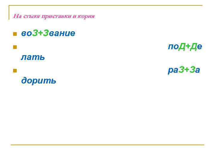 На стыке приставки и корня n во. З+Звание по. Д+Де n лать ра. З+За