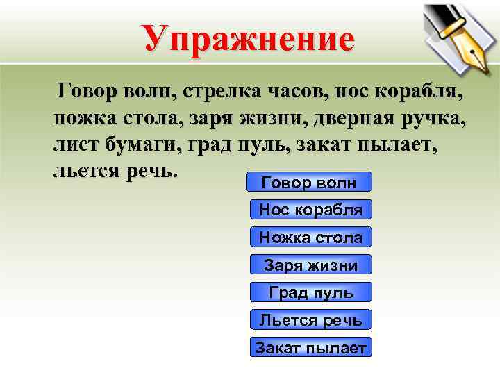 Упражнение Говор волн, стрелка часов, нос корабля, ножка стола, заря жизни, дверная ручка, лист