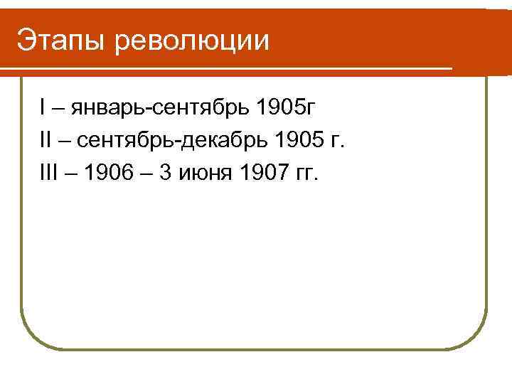Этапы революции I – январь-сентябрь 1905 г II – сентябрь-декабрь 1905 г. III –
