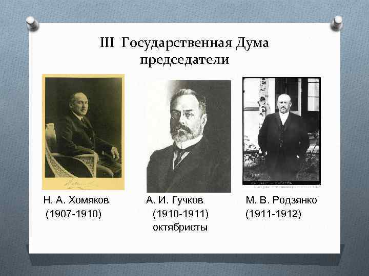 III Государственная Дума председатели Н. А. Хомяков А. И. Гучков М. В. Родзянко (1907