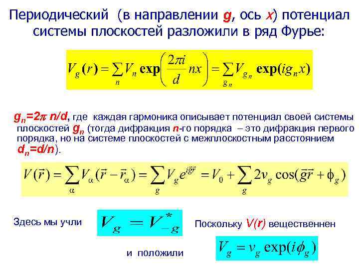 Периодический (в направлении g, ось x) потенциал системы плоскостей разложили в ряд Фурье: gn=2