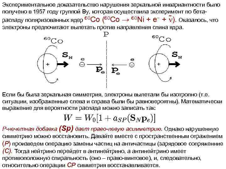 Экспериментальное доказательство нарушения зеркальной инвариантности было получено в 1957 году группой Ву, которая осуществила