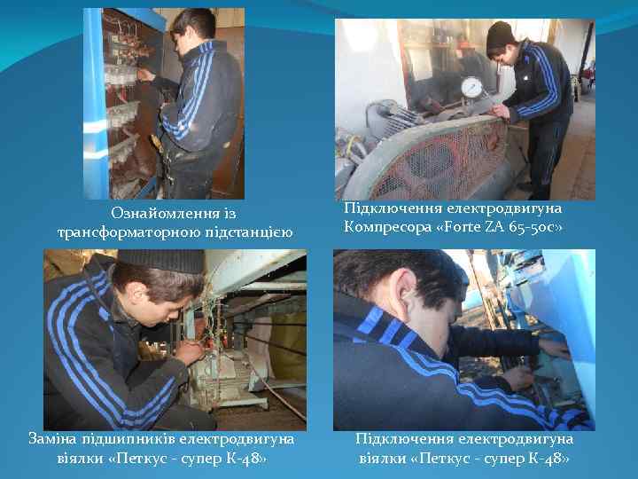 Ознайомлення із трансформаторною підстанцією Заміна підшипників електродвигуна віялки «Петкус - супер К-48» Підключення електродвигуна