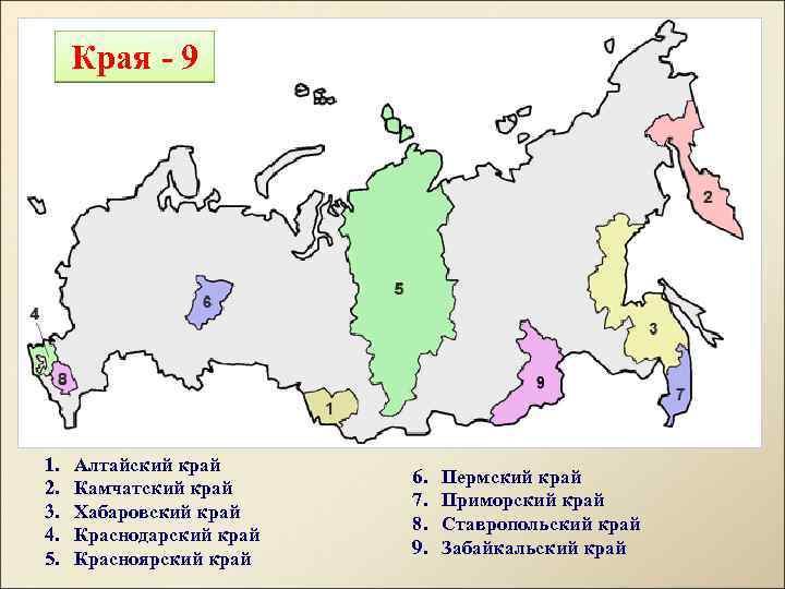 Края - 9 1. 2. 3. 4. 5. Алтайский край Камчатский край Хабаровский край