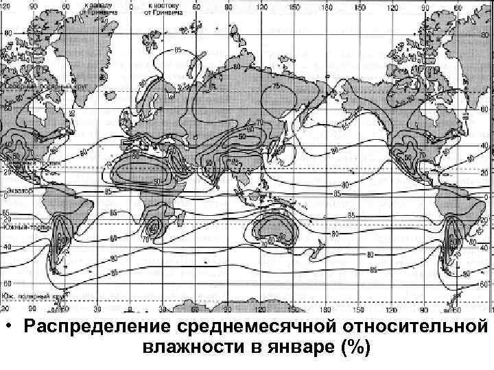  • Распределение среднемесячной относительной влажности в январе (%) 