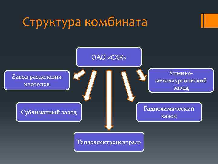 Структура комбината ОАО «СХК» Химикометаллургический завод Завод разделения изотопов Радиохимический завод Сублиматный завод Теплоэлектроцентраль