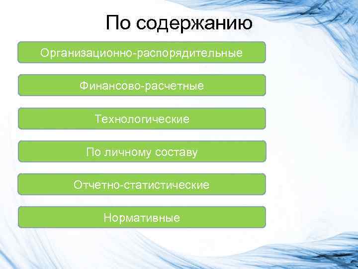 По содержанию Организационно-распорядительные Финансово-расчетные Технологические По личному составу Отчетно-статистические Нормативные 