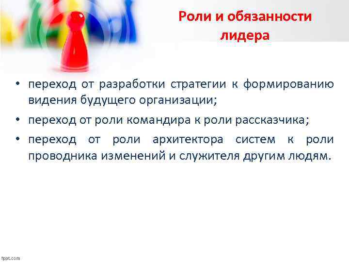 Роли и обязанности лидера • переход от разработки стратегии к формированию видения будущего организации;