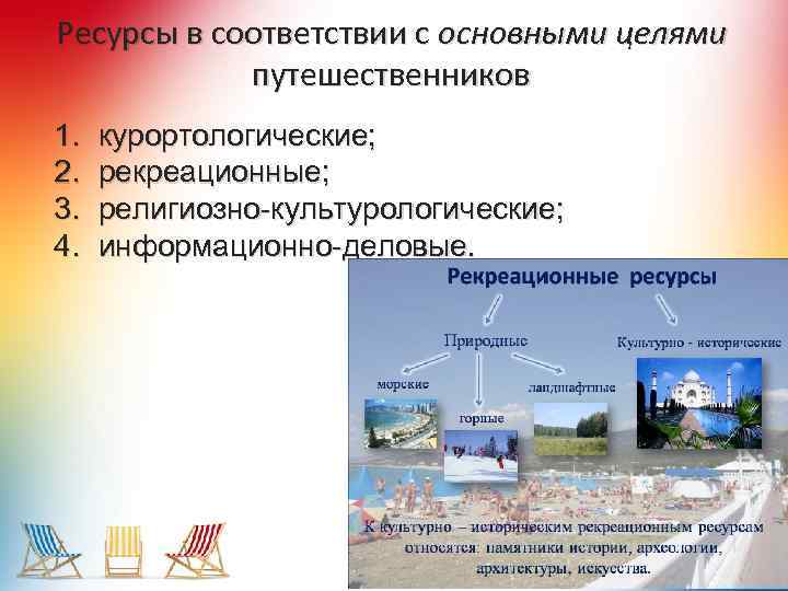 Ресурсы в соответствии с основными целями путешественников 1. 2. 3. 4. курортологические; рекреационные; религиозно-культурологические;