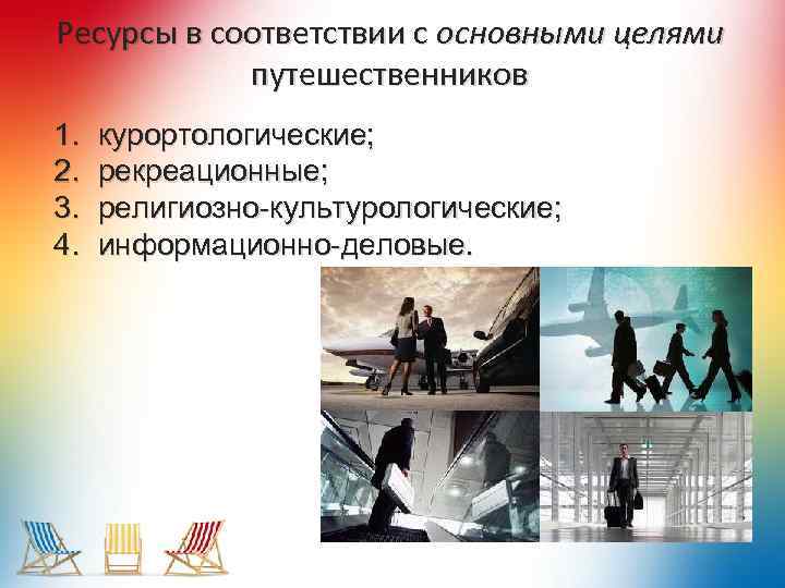 Ресурсы в соответствии с основными целями путешественников 1. 2. 3. 4. курортологические; рекреационные; религиозно-культурологические;