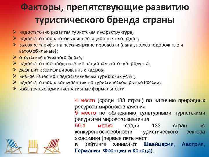 Факторы, препятствующие развитию туристического бренда страны Ø Ø Ø Ø Ø недостаточно развитая туристская