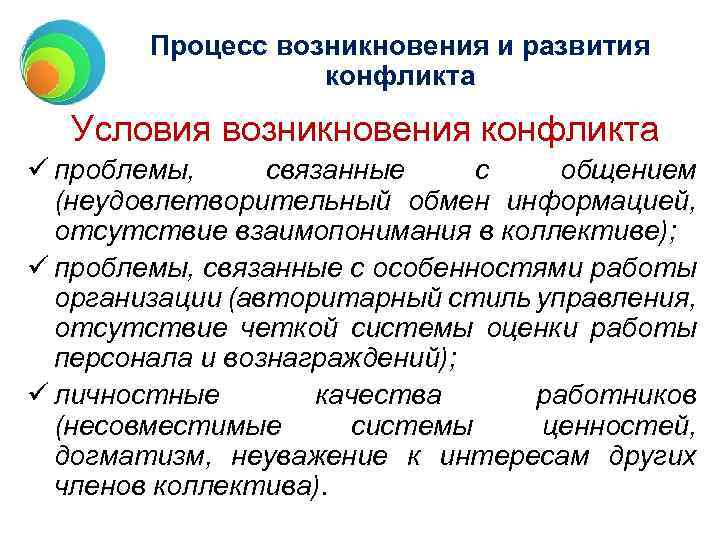 Процесс возникновения и развития конфликта Условия возникновения конфликта ü проблемы, связанные с общением (неудовлетворительный