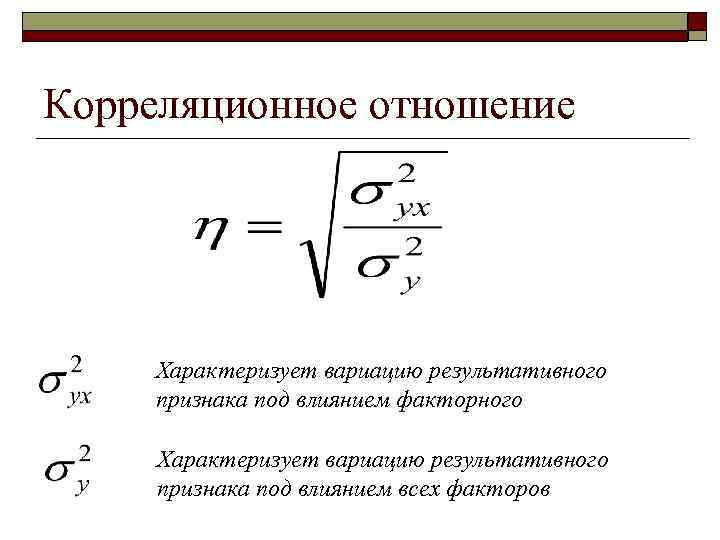 Корреляционное отношение Характеризует вариацию результативного признака под влиянием факторного Характеризует вариацию результативного признака под
