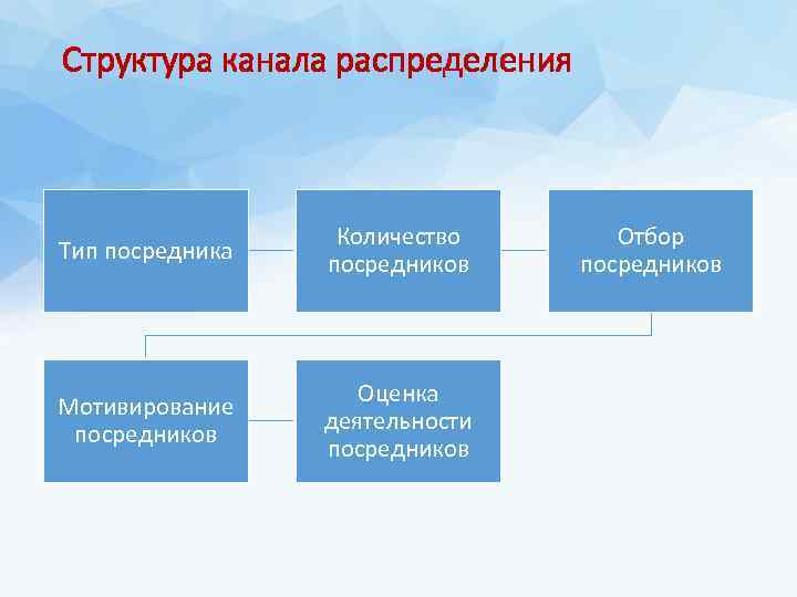 Структура канала распределения Тип посредника Количество посредников Мотивирование посредников Оценка деятельности посредников Отбор посредников