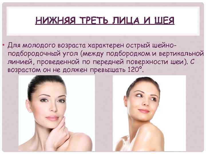 НИЖНЯЯ ТРЕТЬ ЛИЦА И ШЕЯ • Для молодого возраста характерен острый шейноподбородочный угол (между