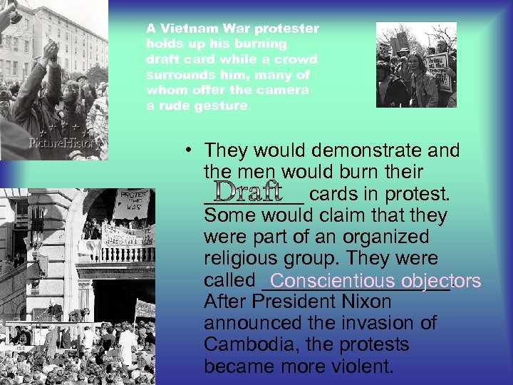 A Vietnam War protester holds up his burning draft card while a crowd surrounds