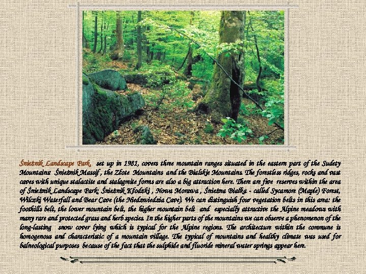 Śnieżnik Landscape Park, set up in 1981, covers three mountain ranges situated in the