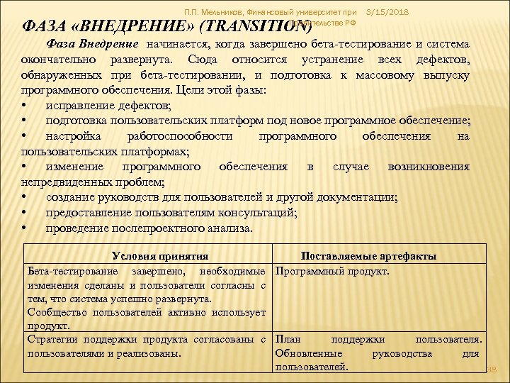 П. П. Мельников, Финансовый университет при Правительстве РФ ФАЗА «ВНЕДРЕНИЕ» (TRANSITION) 3/15/2018 Фаза Внедрение