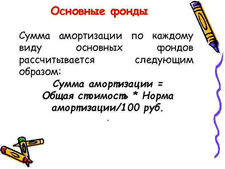 Основные фонды Сумма амортизации по каждому виду основных фондов рассчитывается следующим образом: Сумма амортизации