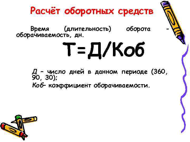 Расчёт оборотных средств Время (длительность) оборачиваемость, дн. оборота - Т=Д/Коб Д – число дней