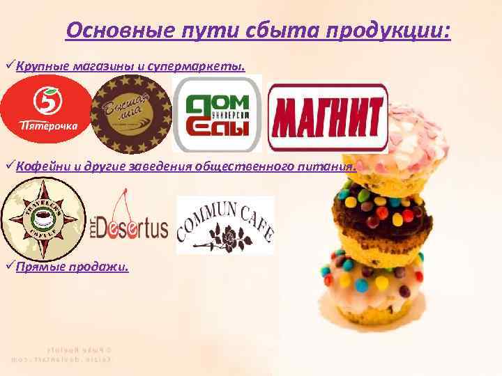 Основные пути сбыта продукции: üКрупные магазины и супермаркеты. üКофейни и другие заведения общественного питания.