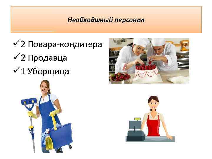Необходимый персонал ü 2 Повара-кондитера ü 2 Продавца ü 1 Уборщица 