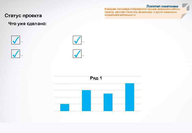 Логотип компании Указание: На слайде отображаются текущие результаты работы проекта, включая статистику финансовых и