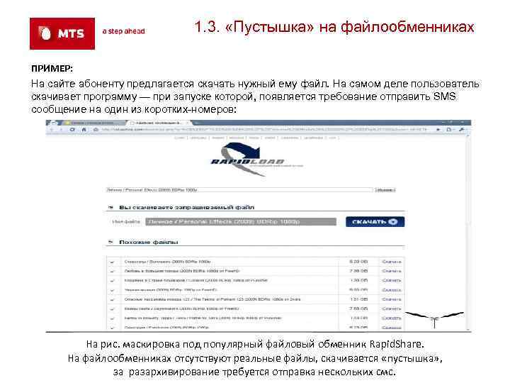 1. 3. «Пустышка» на файлообменниках ПРИМЕР: На сайте абоненту предлагается скачать нужный ему файл.