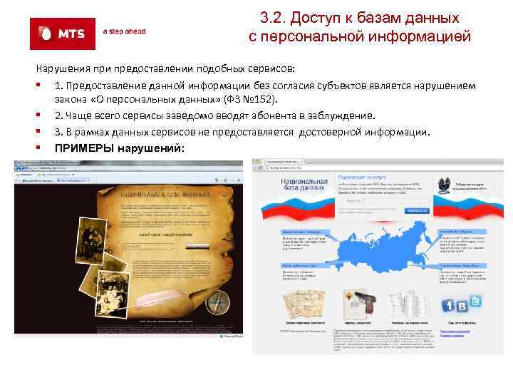 3. 2. Доступ к базам данных с персональной информацией Нарушения при предоставлении подобных сервисов: