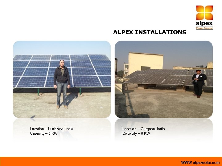 ALPEX INSTALLATIONS Location – Ludhiana, India Capacity – 5 KW Location – Gurgoan, India