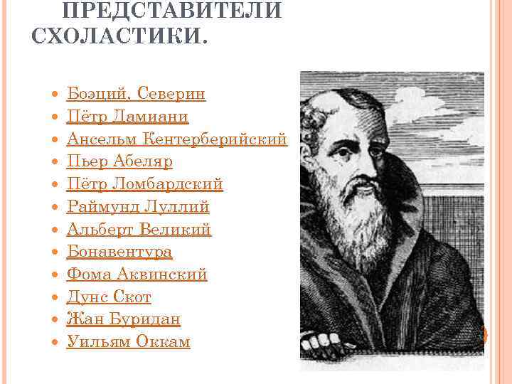ПРЕДСТАВИТЕЛИ СХОЛАСТИКИ. Боэций, Северин Пётр Дамиани Ансельм Кентерберийский Пьер Абеляр Пётр Ломбардский Раймунд Луллий