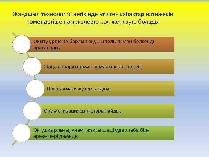 Жаңашыл технология негізінде өтілген сабақтар нәтижесін төмендегіше нәтижелерге қол жеткізуге болады Оқыту үрдісіне барлық