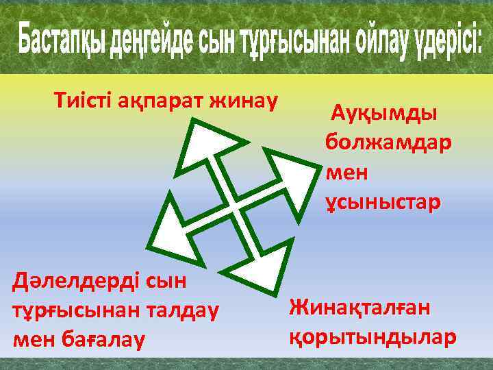 Тиісті ақпарат жинау Дәлелдерді сын тұрғысынан талдау мен бағалау Ауқымды болжамдар мен ұсыныстар Жинақталған