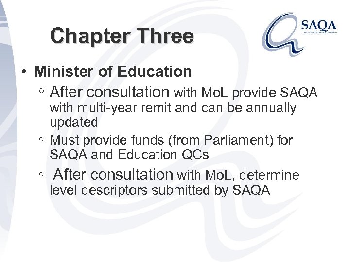 Chapter Three • Minister of Education ◦ After consultation with Mo. L provide SAQA