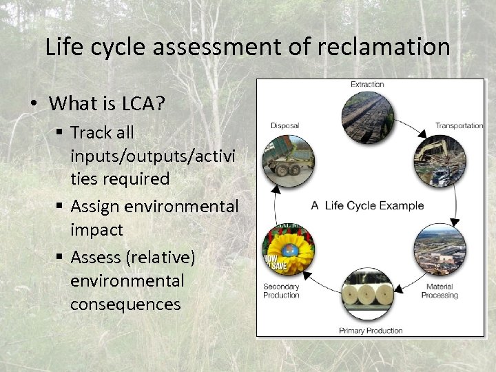 Life cycle assessment of reclamation • What is LCA? § Track all inputs/outputs/activi ties