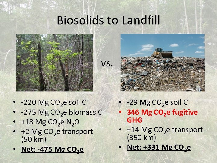 Biosolids to Landfill vs. -220 Mg CO 2 e soil C -275 Mg CO