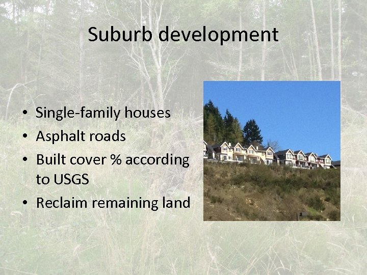 Suburb development • Single-family houses • Asphalt roads • Built cover % according to