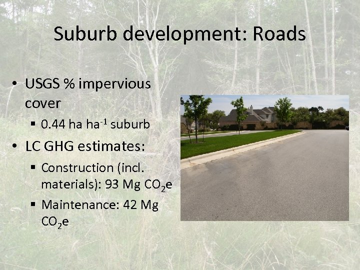 Suburb development: Roads • USGS % impervious cover § 0. 44 ha ha-1 suburb