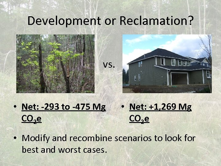 Development or Reclamation? vs. • Net: -293 to -475 Mg CO 2 e •