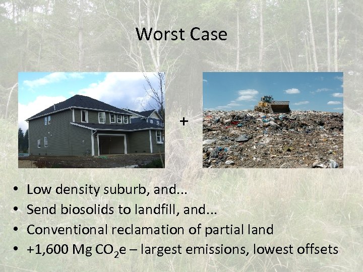 Worst Case + • • Low density suburb, and. . . Send biosolids to